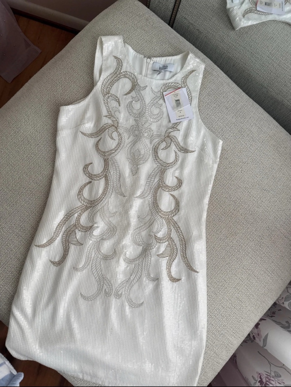 Badgley Mischka White Mini Dress with Gold Embroidery Accents